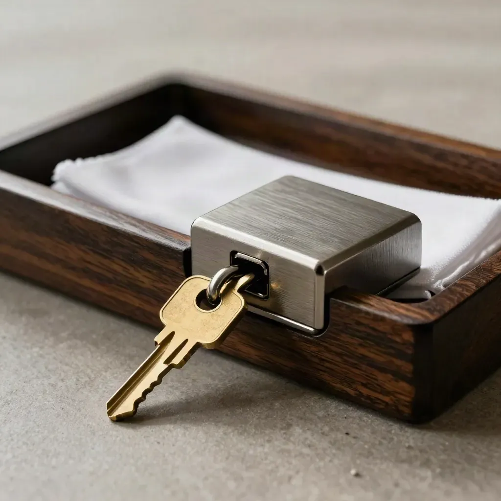 Macro mortise lock body and brass key blank in a dark oak tray with soft dust and warm haze.