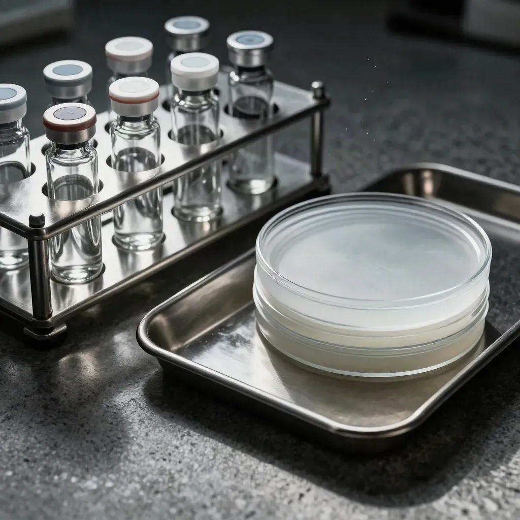 Lab vials, petri dish stack, and stainless tray on stone in dramatic light.
