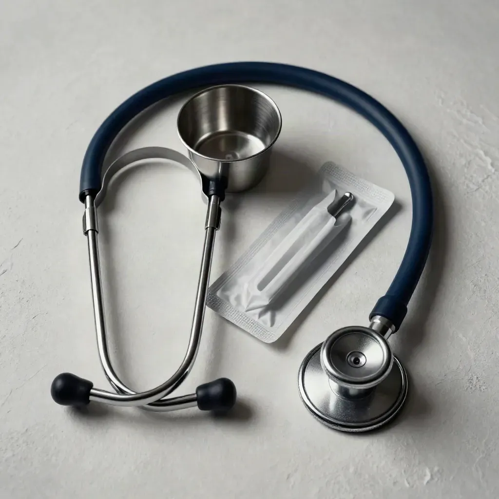 Top-down clinic still life with stethoscope, instrument cup, and sterile tray on plaster.