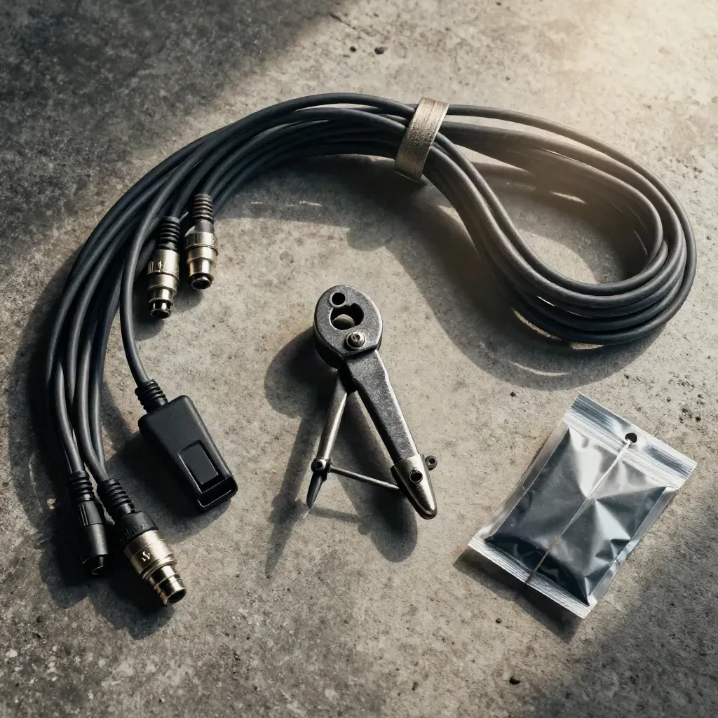 Overhead still life of stage cables, clamp, mic clip, and tie pack on concrete.