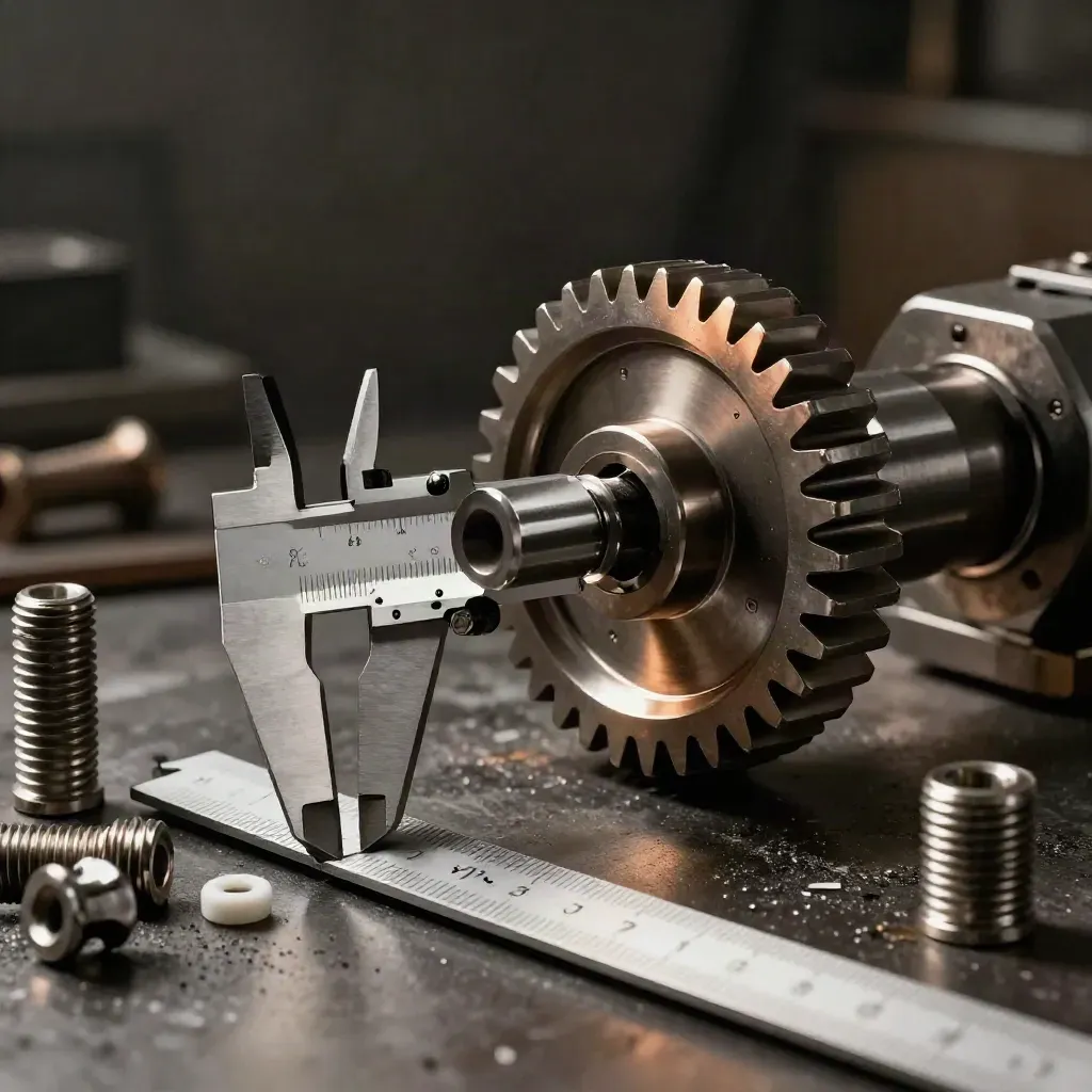 Machined gear blank, caliper jaws and fasteners on pale metal under dramatic industrial light.