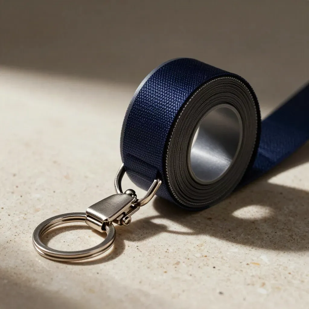 Macro still life of event lanyards, wristband rolls, a stanchion clip and keychain on pale stone.