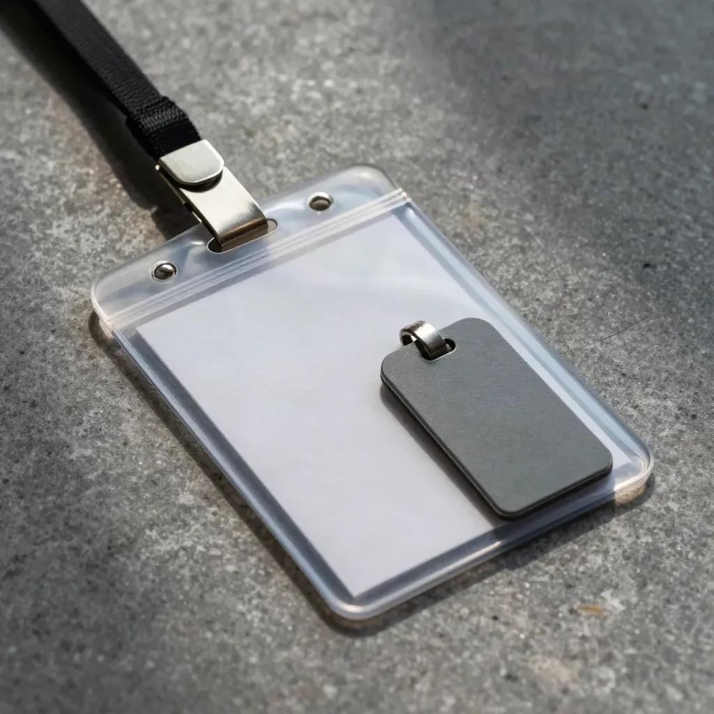 Acrylic visitor badge sleeve, metal clip, and access token on stone, seen in a top-down macro still life.