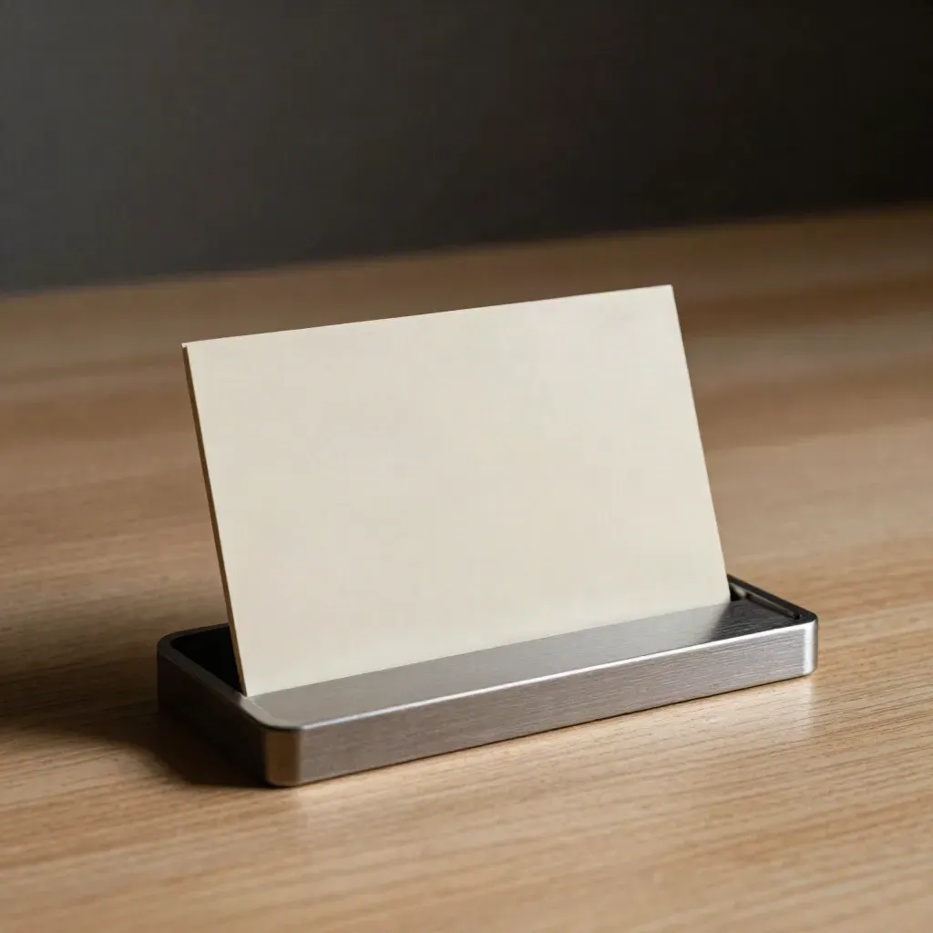 Brushed aluminum placard holder, blank insert card, and tray on pale oak in dramatic light.