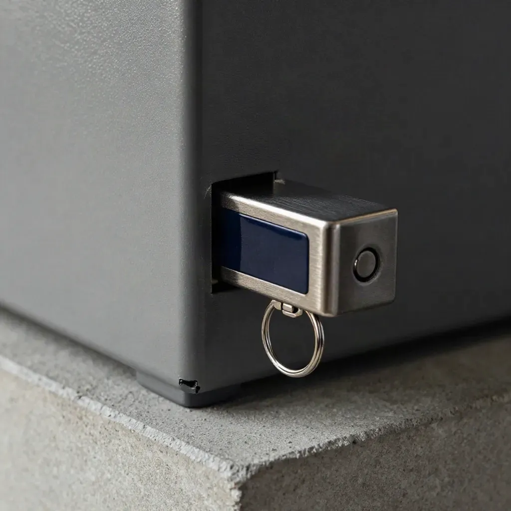 Macro of a key safe latch half-open with a steel key ring on concrete.