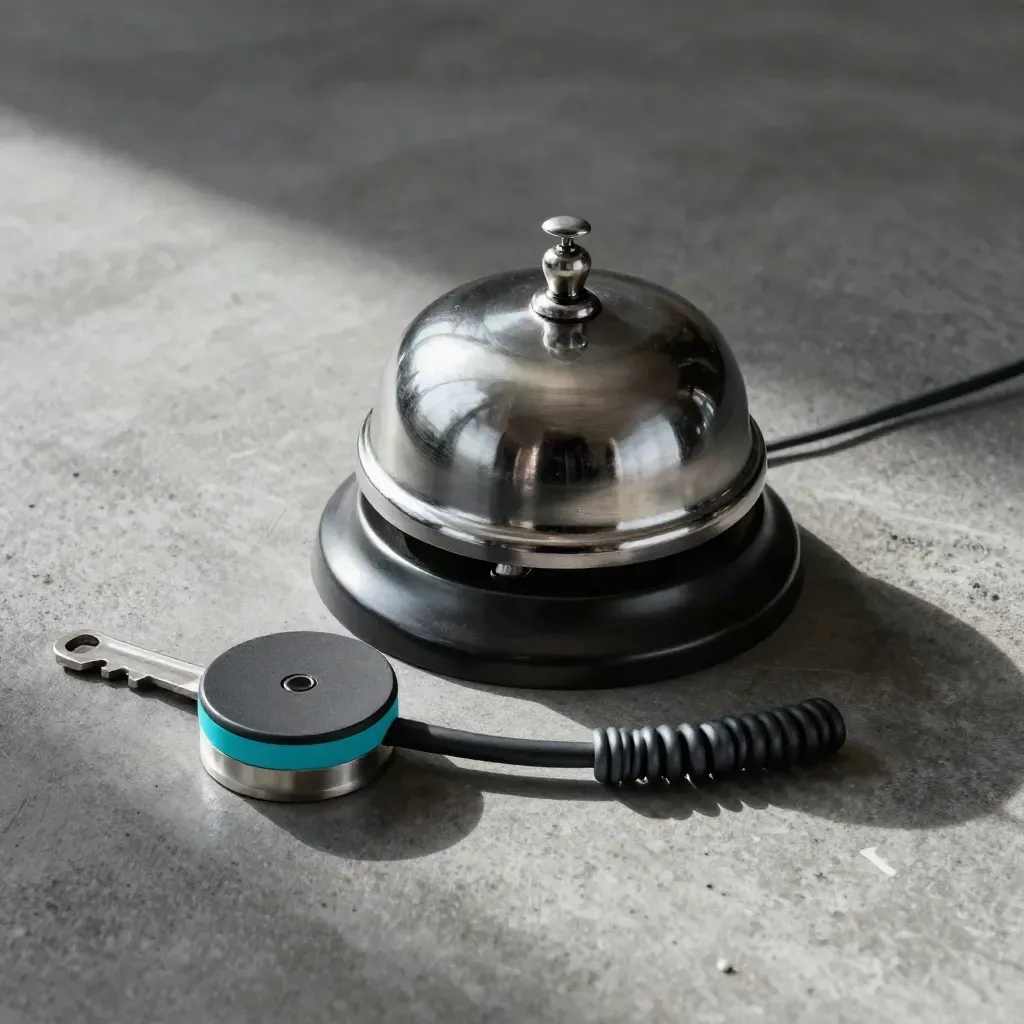 Polished desk bell with relay puck and cable coil on concrete, top-down macro
