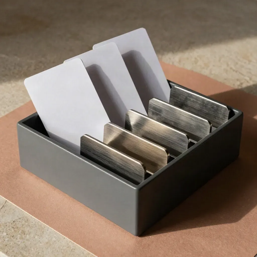 Overhead still life of a routing sorter with blank cards and metal divider tabs on stone
