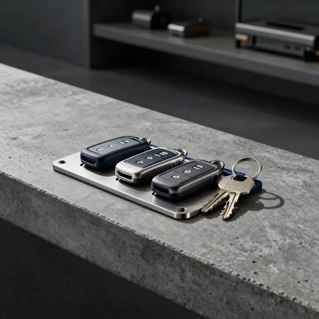 Three access fobs, a mounting plate, and key ring on concrete under dramatic light.
