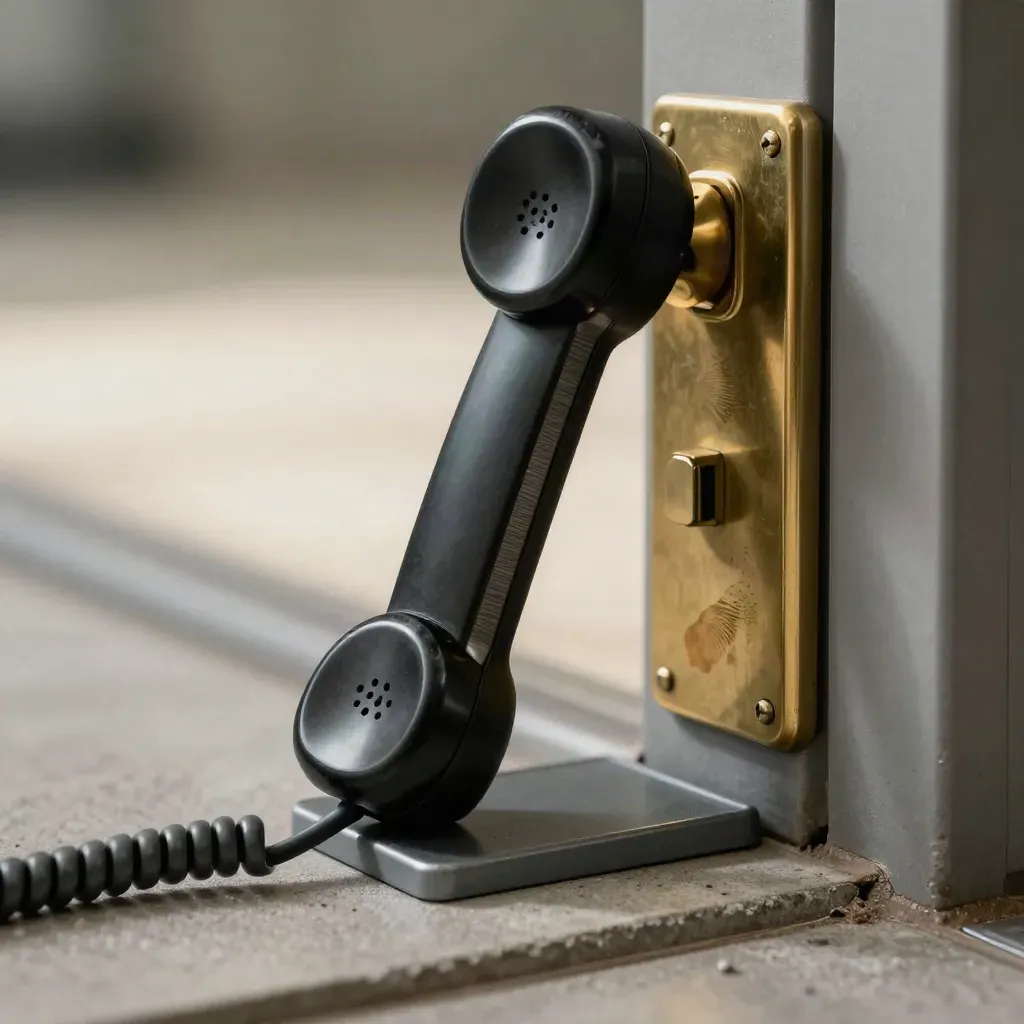 Macro of an intercom handset, badge tray, and brass door-release plate at an office doorway.