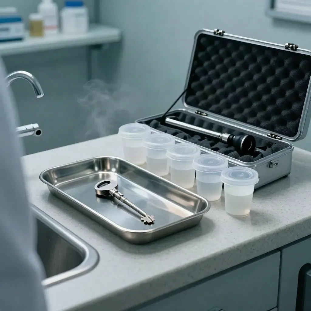 Clinic tray, otoscope case, and specimen cups seen through a frosted curtain edge.