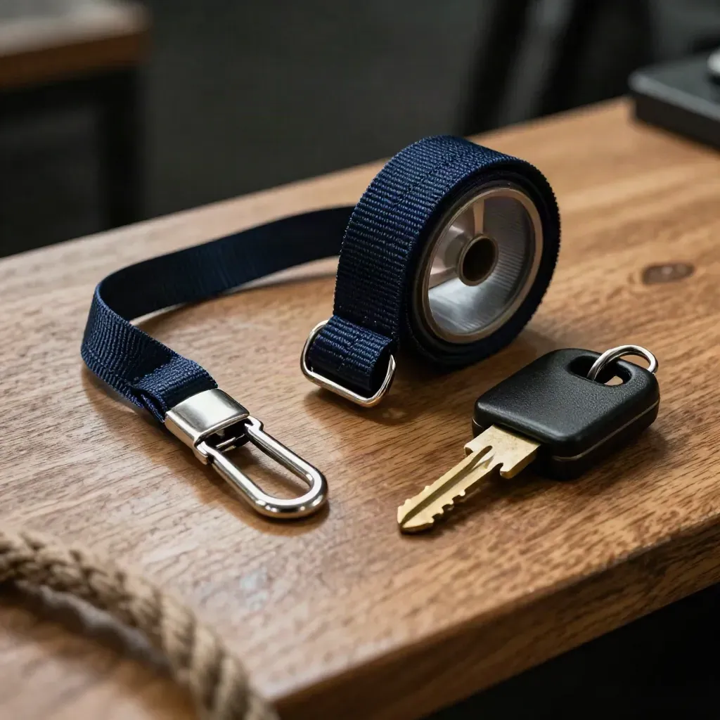 Macro of event staff wristbands, lanyard spool, rope clip and keys on honey-oak with haze