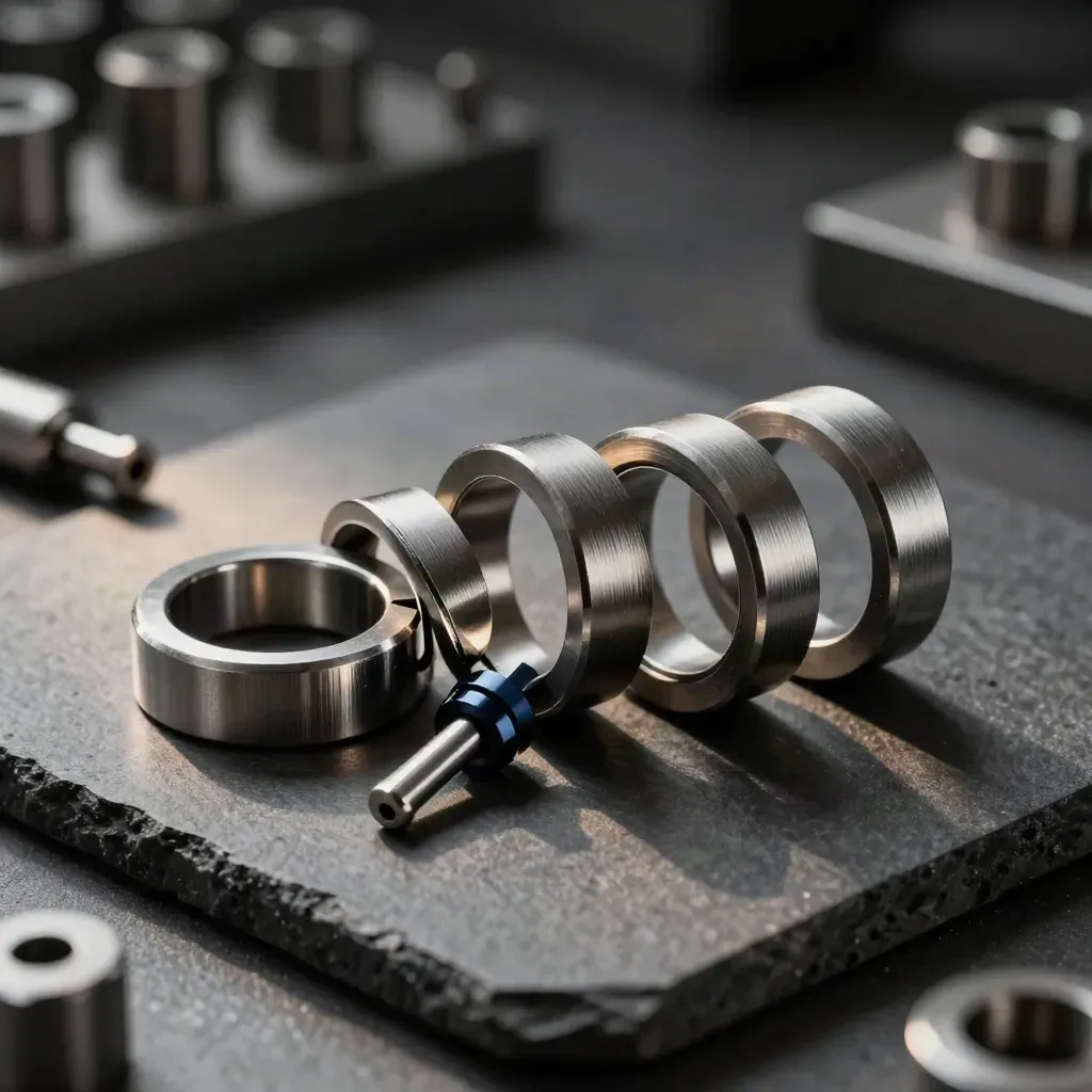 Brushed steel rings, connector pin, and dovetail block on a graphite slab