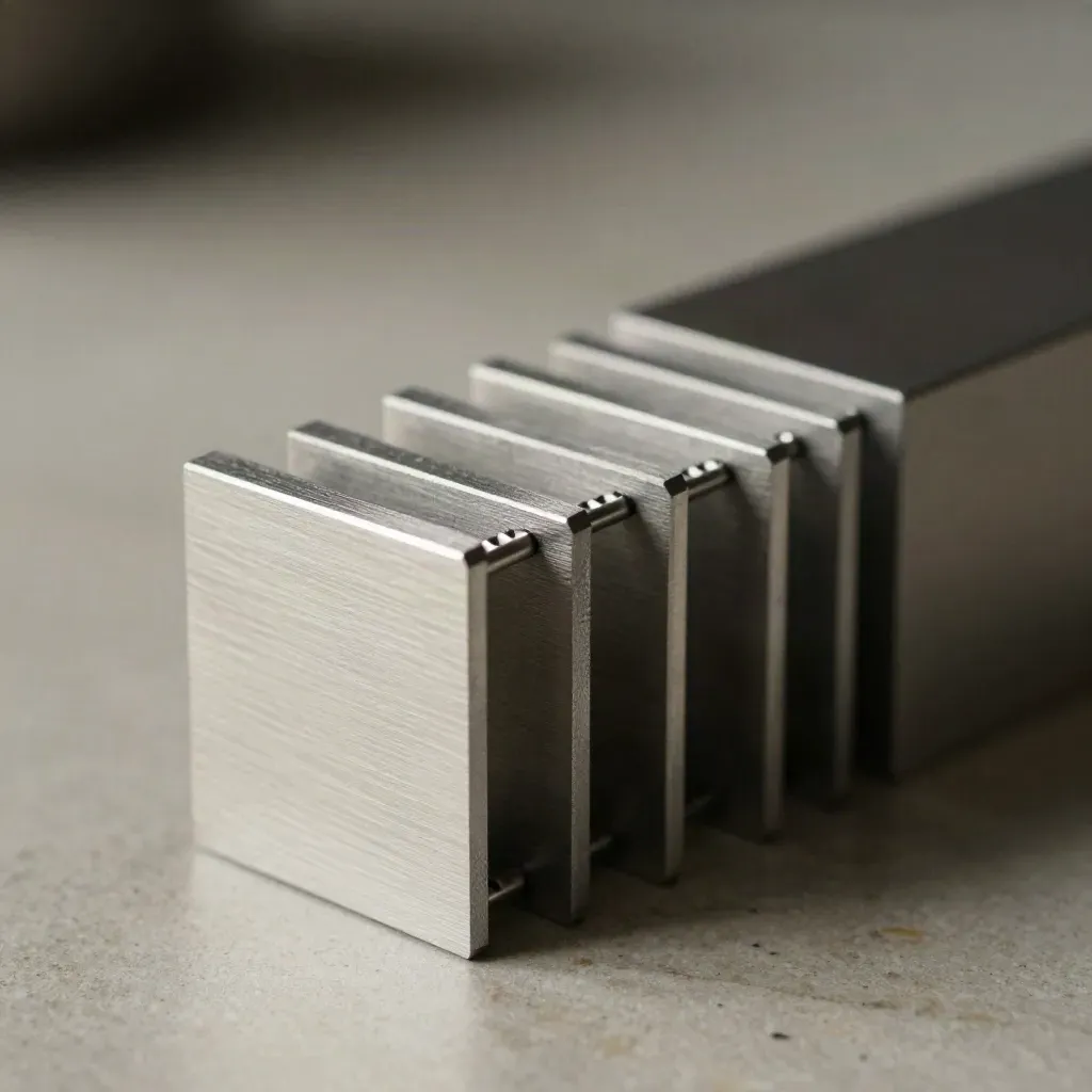 Stacked aluminum modules lock together in a tight macro still life on stone.