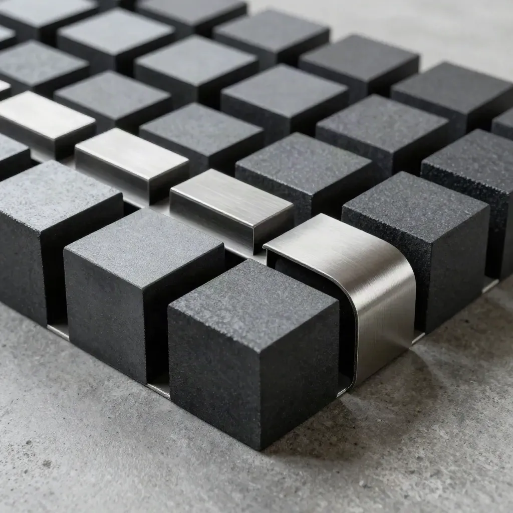 Overhead graphite blocks, spacer plate and folded steel tab on cool concrete, softly lit.