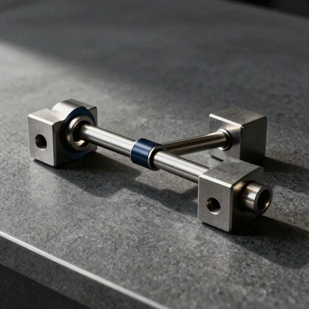 Overhead still life of metal coupler modules and a bridge bar on graphite stone