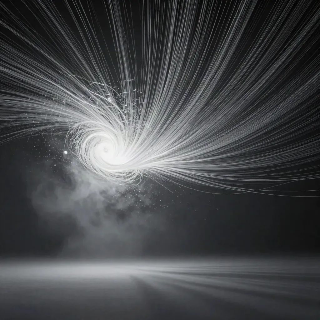 Silver filaments bloom in graphite haze with calm open space for copy.